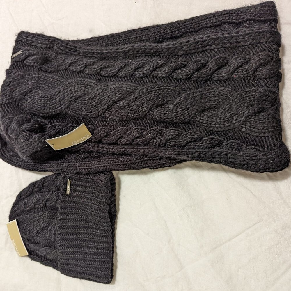 Michael Korrs Black Infinity Scarf and Hat